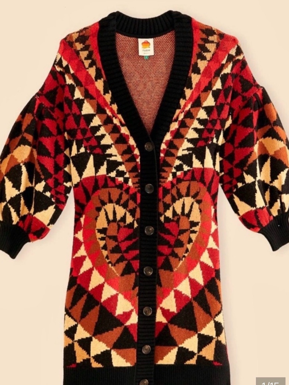 FARM RIO Geometric Heart Deco Knit Cardigan Sweater - Red/Black/Cream